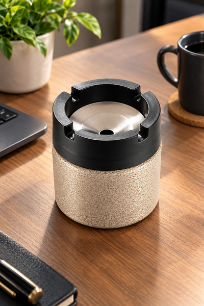 DOVİHOME Decorative Coated Glass Ashtray – with Metal Container, 4 Compartments