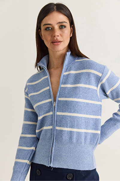 Bianco Lucci Women's Blue-Ecru Striped Zippered High-Neck Knitwear Cardigan T...