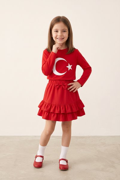 nacar çarşı Girls' Red Long Sleeve Flag Print T-Shirt Red Double Ruffle Skirt...