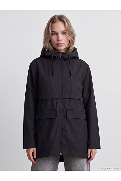 LC Waikiki Alita City Lcw Vision Black Hooded Leather Look Women's Raincoat w...
