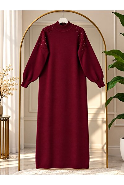 modasindoma Women's Hijab Shoulder Pearl Detailed Knitwear Dress Claret Red