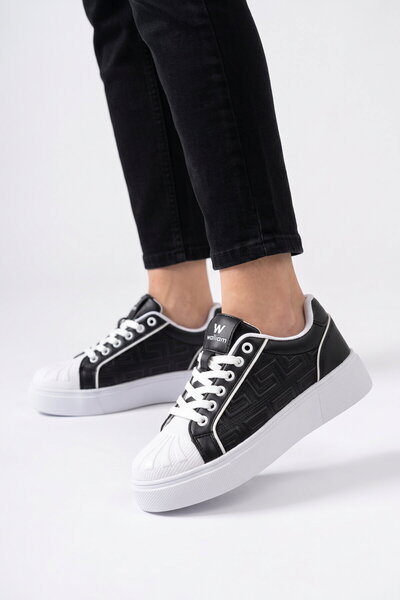 WALKWAY Black-White Lace-Up Thick Comfortable Sole Women's Casual Walking Sho...