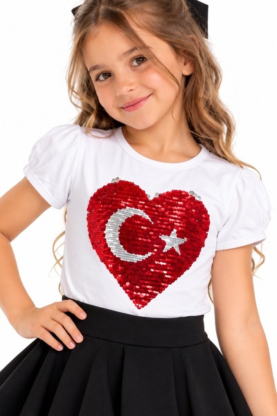 NACAR STYLİSH Unisex Çocuk Bayrağı Payetli Kısa Kollu Tişört 10 Kasım 29 Ekim...