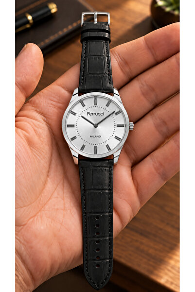 Ferrucci 40 mm Case, Black Color Leather Strap, Silver Case, Men's Wristwatch...