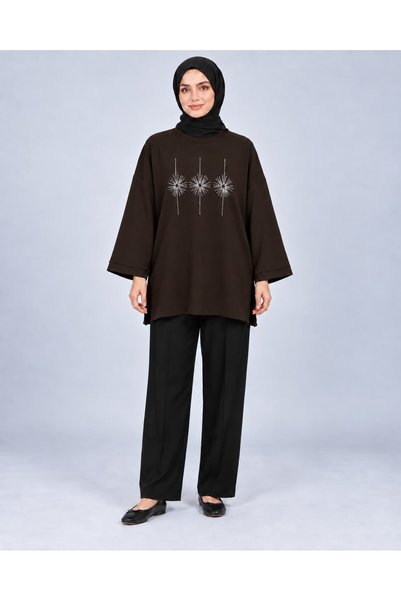 Yağızlar Giyim Women's Brown Stone Embroidered Slit Oversize Oysho Tunic