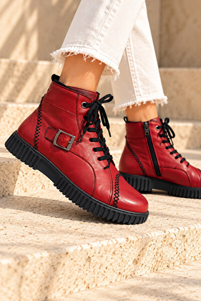 İNZE AYAKKABI Genuine Leather Women's Boots with Lace-Up Buckle and Zipper, C...