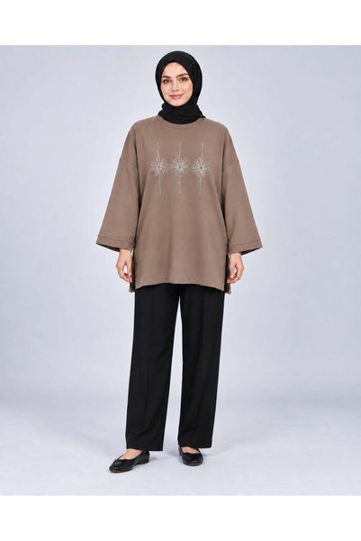 Yağızlar Giyim Women's Mink Stone Embroidered Slit Oversize Oysho Tunic