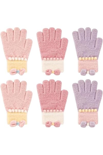 AZONEE 3 Pairs Kids Winter Gloves, Warm Full Finger Knitted Mittens with Bow ...