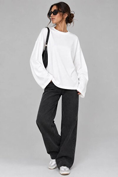 Qaju Women's Oversize Crew Neck Sweatshirt Loose Wide Sleeve Basic Cotton Sweatshirt