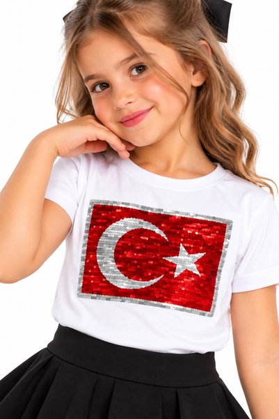 NACAR STYLİSH Unisex Çocuk Bayrağı Payetli Kısa Kollu Tişört 10 Kasım 29 Ekim...