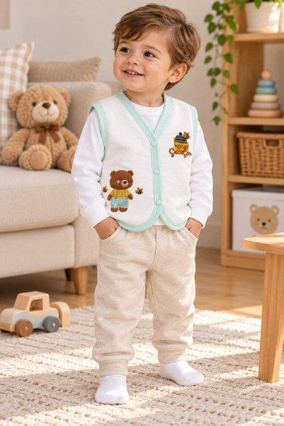 Eflin Çocuk Giyim Erkek Bebek Ayıcık ve Arı Baskılı Kapitone Yelek ( 3/4/5 Ya...