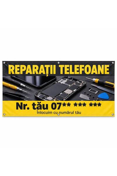 ShopPrint Banner reparații telefoane cu numărul tău, 150x75 cm, frontlit cu t...