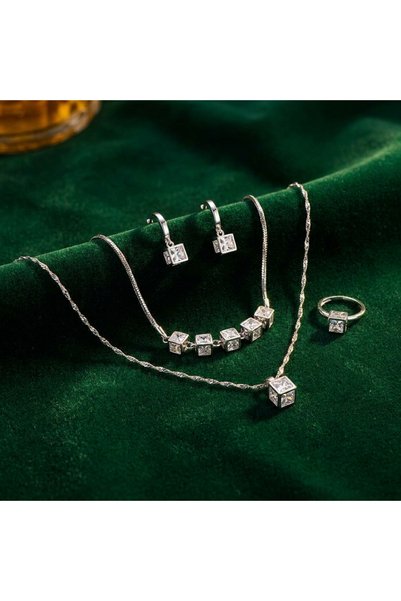Prizma Concept Prismatic Cube Stone 3-Piece Jewelry Set - Elegant Necklace, Bracelet, Ring, and Earring Set - Full Set Compatible for Wedding, Engagement, and Special Occasion Gifts