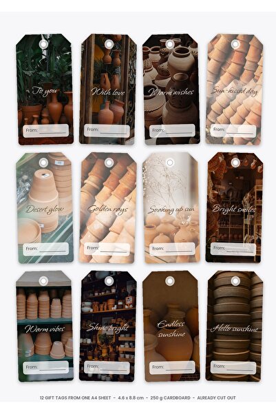 OEM Set 12 Etichete Cadou Soare Desert, Design Elegant, Carton 250g, 4.6 x 8....