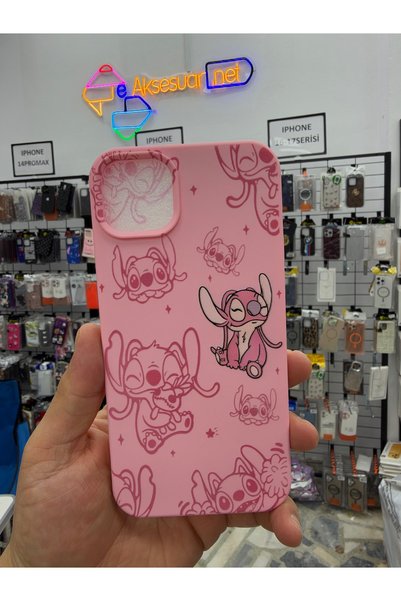 eaksesuarnet iPhone 14 Plus - 15 Plus Compatible Patterned Silicone Case with Suede Interior, Soft, High Print Quality