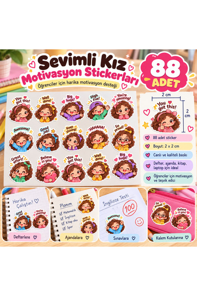 88 Adet sevimli kız temalı öğretmen stickerı | Motivasyon & Başarı Sticker – A4 Premium | 2 cm