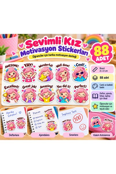 88 Adet sevimli pembe saçlı kız temalı öğretmen etiketi | Motivasyon & Başarı Sticker – A4 Premium