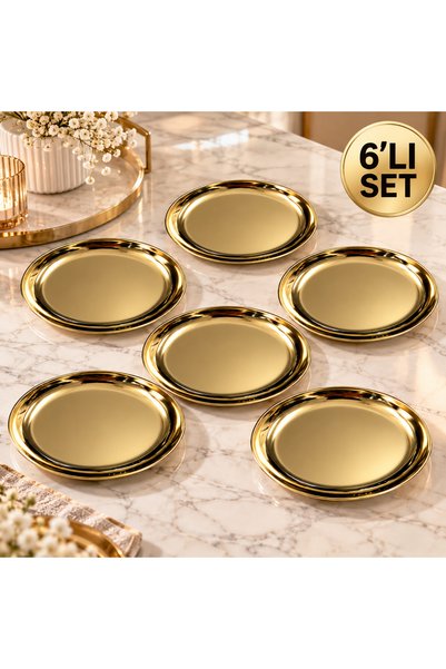 Genel Markalar 6 Adet Lüks Gold Paslanmaz Çelik Sunum Tabağı 12,2 cm Dekorati...