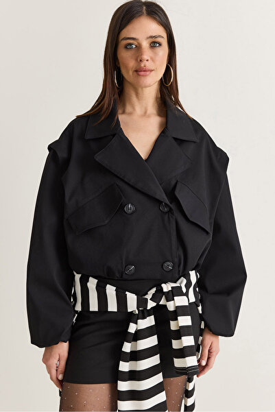 Bianco Lucci Trench negru pentru femei, cu guler larg, cu buzunare, elastic, ...