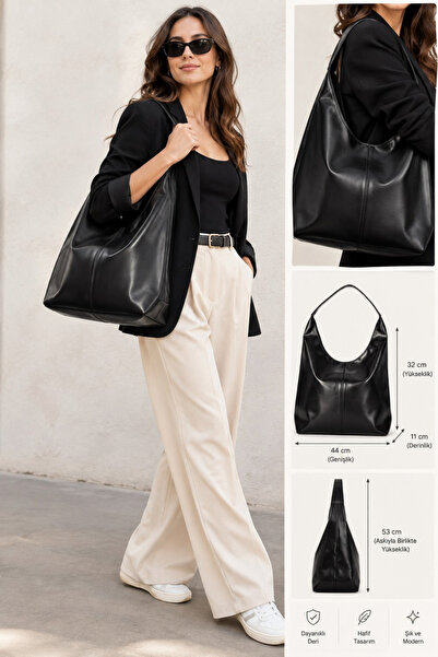 Classbag Women's Black Soft Leather Large Size Casual Hobo Shoulder Bag