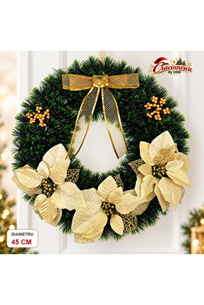 Craciunescu By DBR Coronita Artificiala de Craciun 45 cm, Flori Aurii si Funda -
