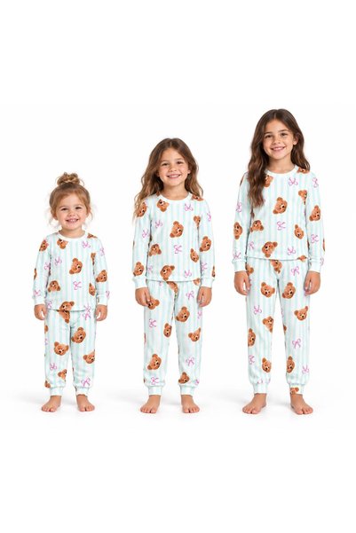 BY WORRN Girl's Teddy Bear and Bow Patterned Mint Striped Long Sleeve Pajama ...