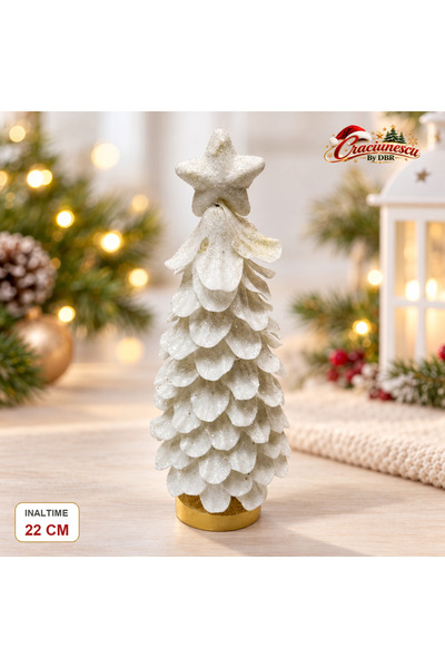 Craciunescu By DBR Brad Decorativ de Craciun 22 cm, Alb cu Sclipici si Stea -