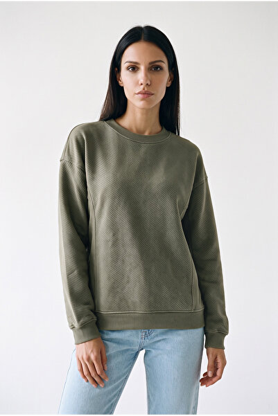 Amia&Co. Hanorac negru pentru femei, cu gât tip crewneck, cu textură diagonal...