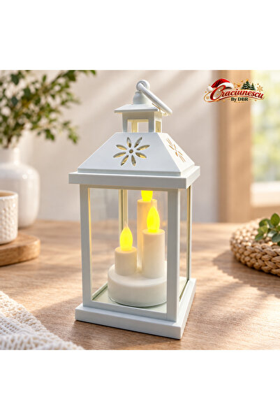 Craciunescu By DBR Felinar Decorativ Alb cu 3 Lumanari LED, Lumina Calda -
