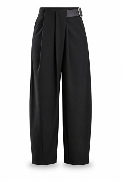 5in1Canpolat Pantaloni negri cu centură și tiv larg 5195