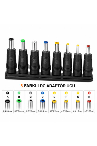 BK Teknoloji 8'li DC Güç Adaptör Uç Seti 5.5x2.1mm Dişi - Notebook Adaptör Dönüştürücü Fiş Seti