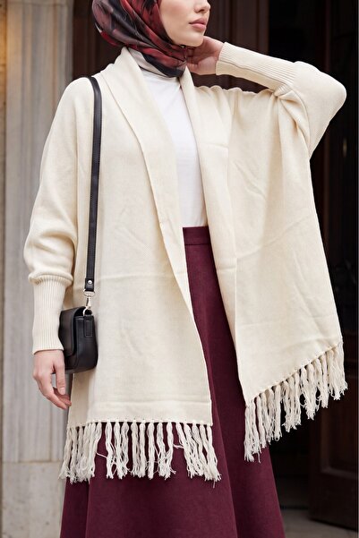 HİJABAYA Shawl Collar Open Front Low Shoulder Draped Ribbed Hijab Poncho Card...