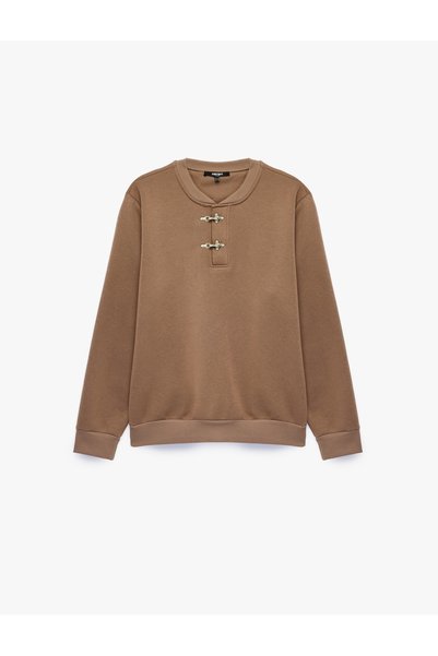 Koton Long Sleeve, Fancy Closure, Three Thread Ribbed Crew Neck Sweatshirt
