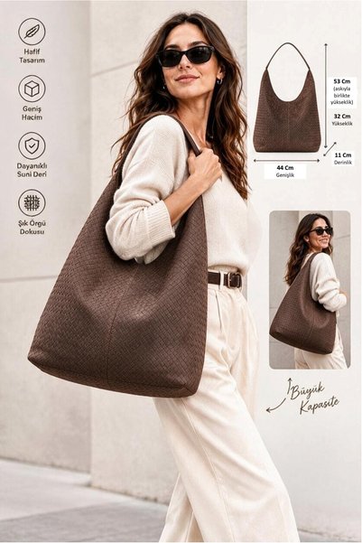 Classbag Women's Brown Knitted Patterned Suede Large Size Casual Hobo Shoulder Bag