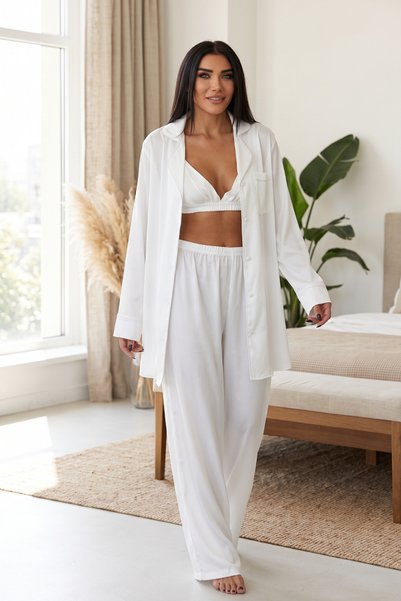 Avrissa Beyaz Modern Saten 3'lü Pijama ve Ev Giyimi Takımı
