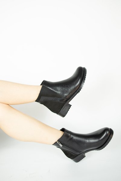 Venüs Jayla Genuine Leather Floater Rubber Detailed Zippered Daily Low Heeled Women's Boots Real Leather Black