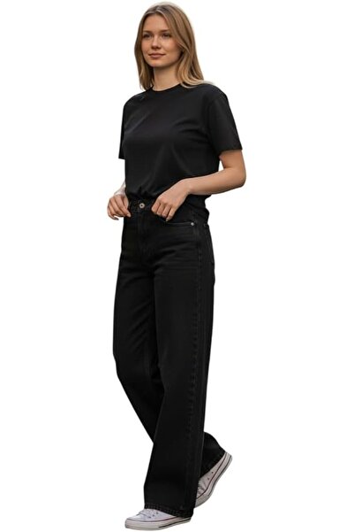 Generic Women's High Waisted Wide Leg Jeans, Black, Straight Fit Denim Pants