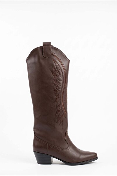 v.s.h velvet Women's Bitter Brown Patterned Long Pointed Toe Thick Heeled Wes...