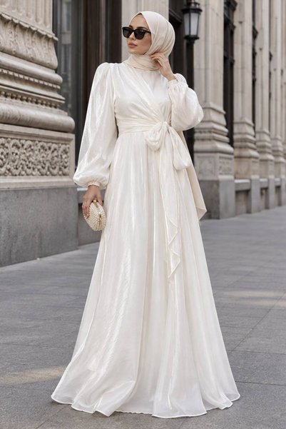 N.S NEVA STYLE Side Tie Ecru Hijab Evening Dress 62191E