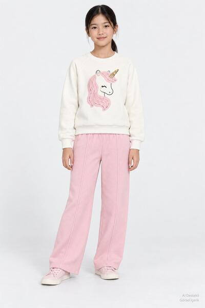 Perendi Girl's Sequin Detailed Unicorn Embroidered Fleece Lined Tracksuit Set
