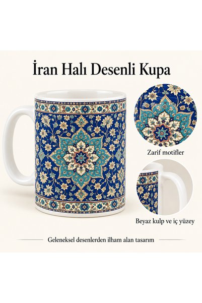 Hediyen Bende İran Halı Desenli Seramik Kupa Bardak Etnik Motifli Kahve ve Ça...