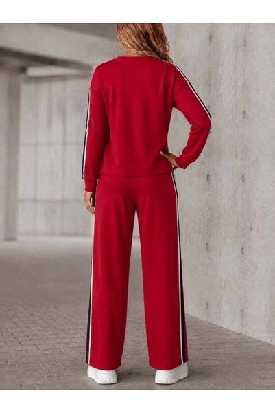 Generic Brand Women's Long Sleeve Crew Neck Stripe Detailed Viscose Two-Thread Blouse and Trousers Two-Piece Set