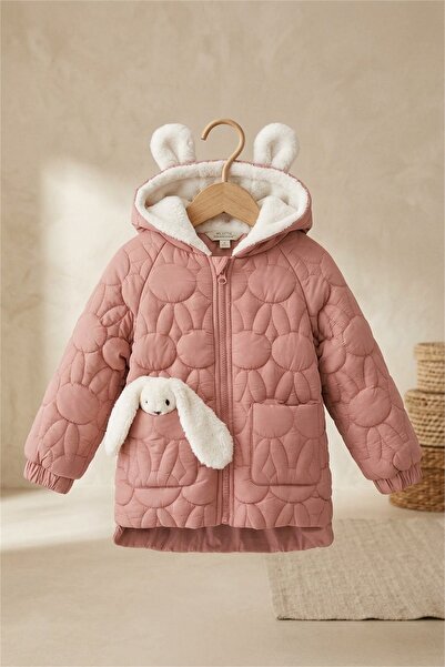 Midimod Rabbit Figured Fleece Inside Thick Winter Coat for Girls
