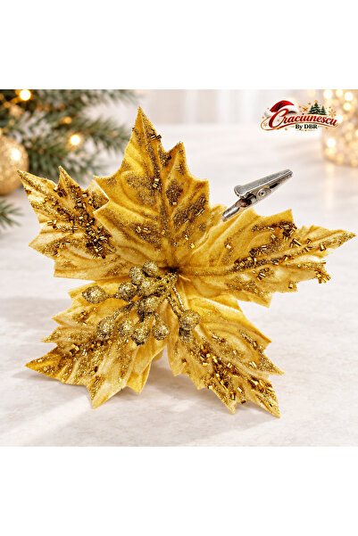 Craciunescu By DBR Floare Artificiala Aurie pentru Brad, cu Glitter si Clips -