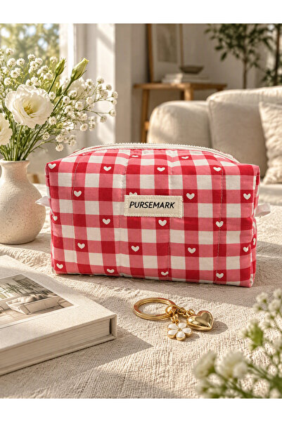 PURSEMARK Ръчно изработена капитонирана козметична чанта с десен на каре и че...