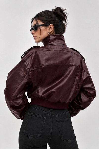 COJIKO Women's Epaulet Double Pocket Zr Model Leather Jacket