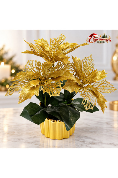 Craciunescu By DBR Aranjament Floral Artificial Auriu, cu Sclipiri Festive -