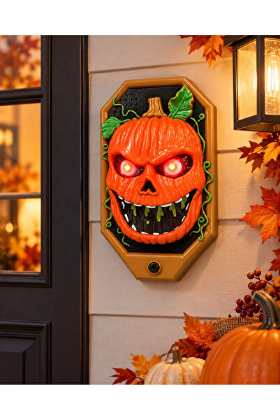 PARTİPORT Halloween Balkabağı Kapı Zili Sesli Işıklı Kırmızı Gözlü Dekoratif Kapı Süsü