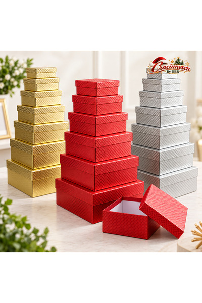 Craciunescu By DBR Set of 10 Cardboard Gift Boxes, Gradual Sizes, Festive Fin...