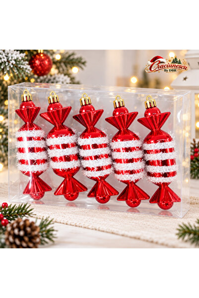 Craciunescu By DBR Set 5 Ornamente pentru Brad 12 cm, Bomboane Rosii cu Alb -